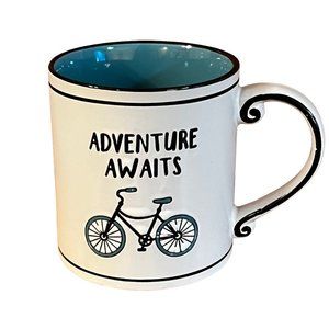 Fisher Stoneware "Adventure Awaits" Turquoise/Black Bicycle Etched Coffee Mug